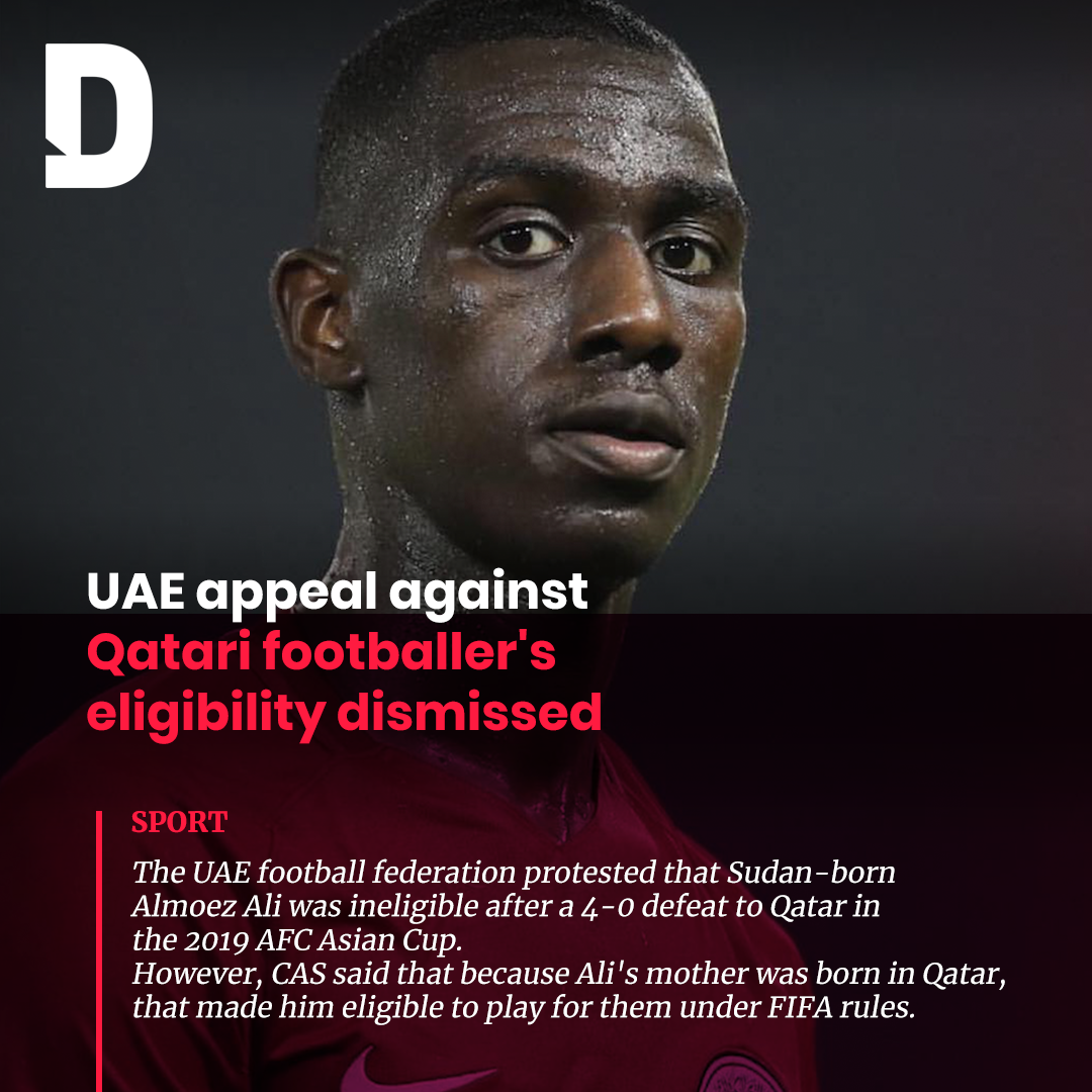 dohanews's tweet photo. The 🇦🇪UAE football federation protested that Sudan-born Almoez Ali was ineligible after a 4-0 defeat to 🇶🇦Qatar in the #AsianCup2019. 
However, CAS said that because Ali's mother was born in Qatar, that made him eligible to play for them under FIFA rules. https://t.co/e5bwt1O43n