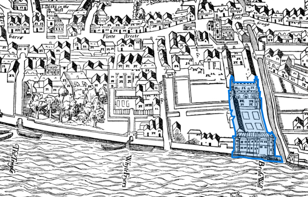 Further east was Bridewell, the palace-turned-prison. It was eventually pulled down in the C19, but part of the site had a legal afterlife as the location of De Keyser’s Royal Hotel. [6/7]
