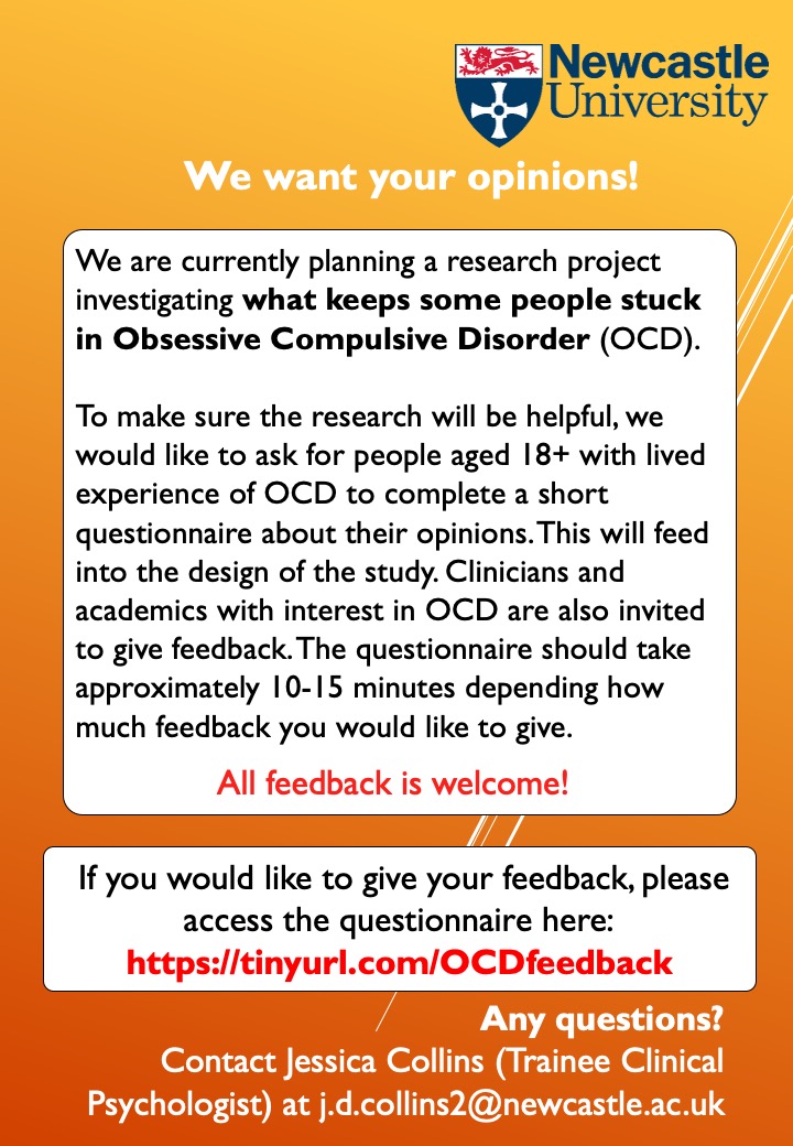 We’re seeking people with lived experience of OCD and clinicians who work with them to complete a short anonymous survey to help inform future research into OCD. Your feedback would be extremely valuable! #ocd #ocdresearch #mentalhealthmatters #ocdcon