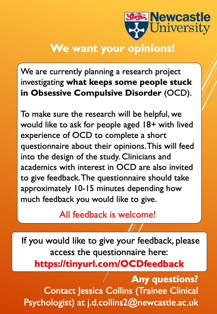 _jdcoll's tweet photo. We’re seeking people with lived experience of OCD and clinicians who work with them to complete a short anonymous survey to help inform future research into OCD. Your feedback would be extremely valuable! #ocd #ocdresearch #mentalhealthmatters #ocdcon https://t.co/1ValWOWj3j