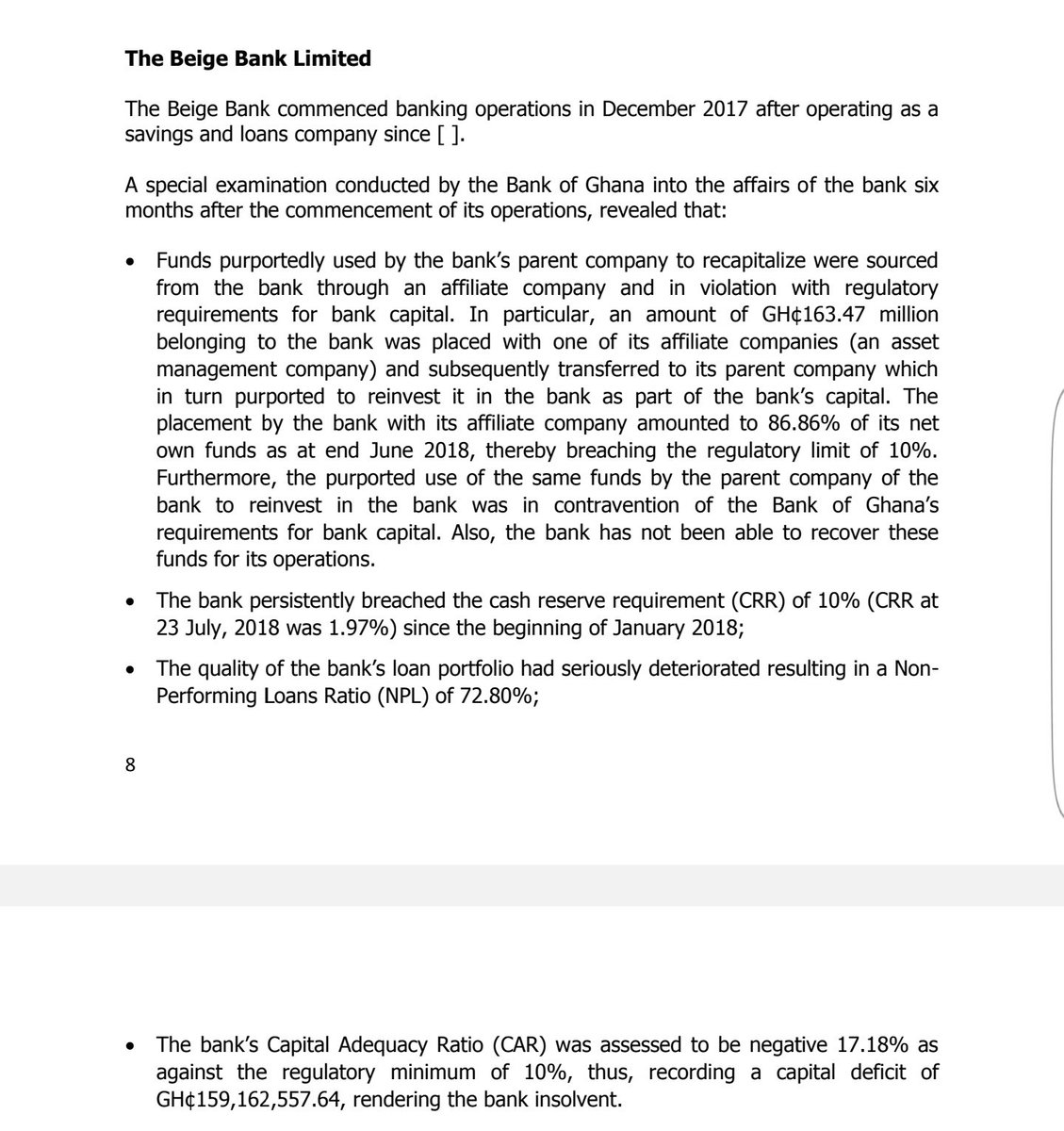 5. Beige Bank. GH¢163.47 million belonging to depositors of the bank was laundered into one of its affiliate companies. The bank’s Capital Adequacy Ratio was a -17.18% as against the regulatory minimum of 10%, thus, recording a capital deficit of GH¢159,162,557.64