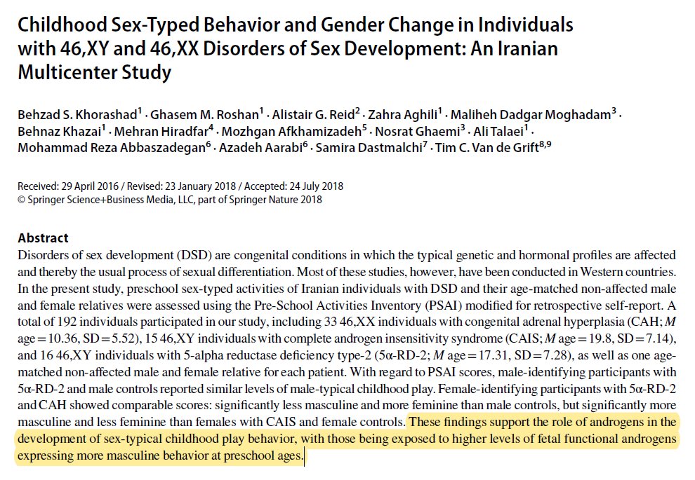   #CorpoHumano Meninas expostas a níveis atipicamente altos de testosterona no útero exibem brincadeiras mais tipicamente masculinas; meninos que produzem níveis atipicamente baixos, exibem menos.via  @SteveStuWill  https://link.springer.com/article/10.1007/s10508-018-1281-9