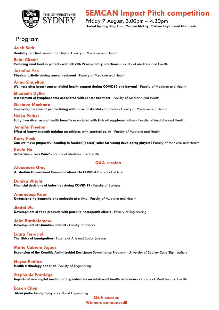 Here is the program for the Research Impact Virtual Pitch competition. 

Taking place this Friday, 7th August, from 3-4pm. Watch our E/MCRs take flight. 

Link for registration:

eventbrite.com.au/e/semcan-2020-…