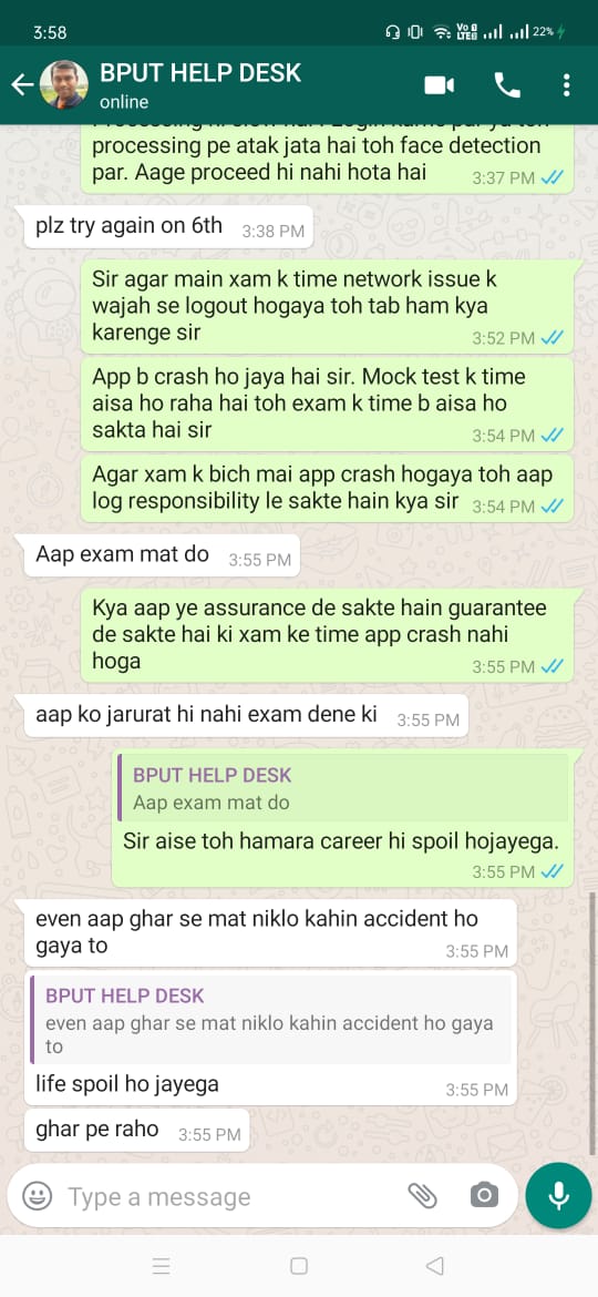 HashratAli7's tweet photo. Help Desk or Mental Torture Desk ??#BPUT can't deal with their students like this . This behavior of BPUT is not Acceptable .  #bputhelpdesk #StudentsLivesMatters #NoExamsInCovid #BPUTStopKaroNa #BPUTcancelExams #bput https://t.co/PSu5YJ9ksn