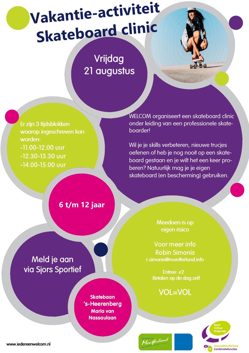 VAKANTIEACTIVITEIT SKATEBOARDCLINIC
Voor kids uit Montferland van 6 t/m 12 jaar! 

#iedereenwelcom #combifuncties #sportindebuurt #vakantieactiviteit