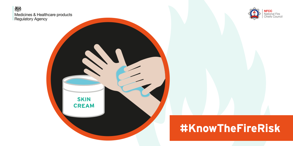When wearing clothing which has been in contact with emollient skin creams, avoid naked flames and other ignition sources.

Find out more: ow.ly/P1HW50AQ9kf

#KnowTheFireRisk 
#PatientSafety