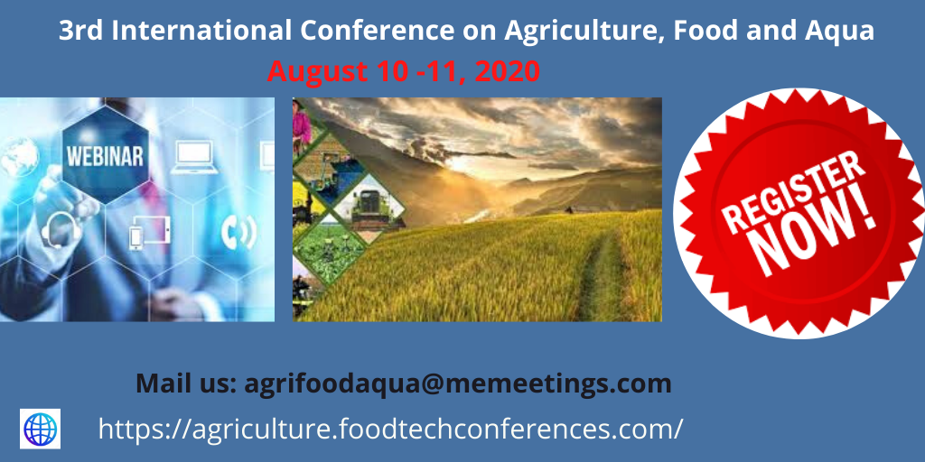RussellEliza12's tweet photo. We are regarded and pleased to welcome all of you to the “3rd International Conference on #Agriculture #Food &amp; #Aqua on #August 10-11, 2020 at #webinar
See more : https://t.co/DaCwg54pv2
Hurry up !!! Book your slot now! https://t.co/Chxuz5MyJq