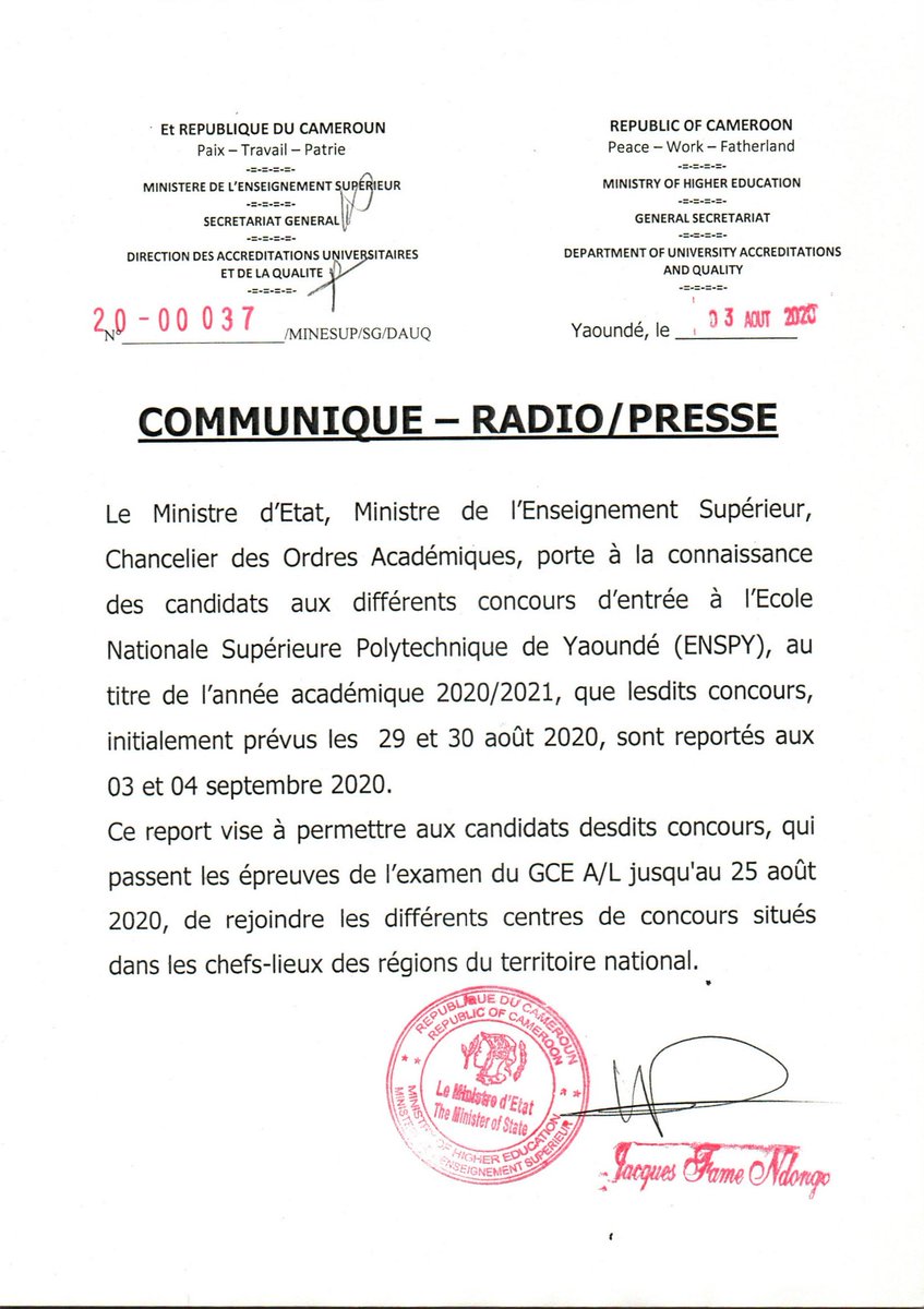ENSPolytech_UY1's tweet image. #ENSPY 

#Concours_Entrée_ENSPY_2020_2021

Les concours initialement prévus les 29 et 30 août 2020, sont reportés aux 03 et 04 septembre 2020.