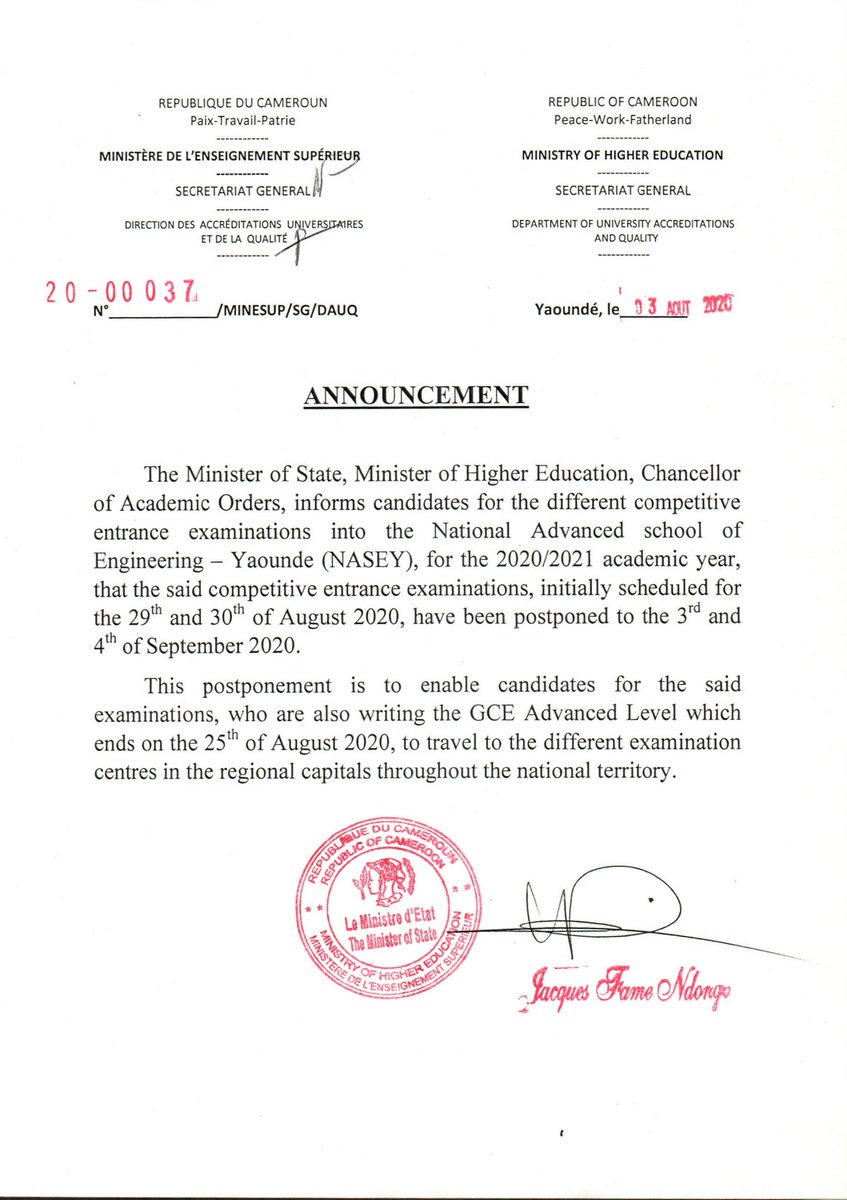 ENSPolytech_UY1's tweet image. #ENSPY 

#Concours_Entrée_ENSPY_2020_2021

Les concours initialement prévus les 29 et 30 août 2020, sont reportés aux 03 et 04 septembre 2020.