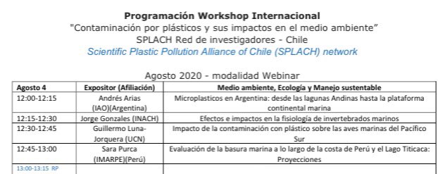 Programación para hoy en workshop internacional de la red #SPLACH2020 a partir de las 12:00 hrs #chile #contaminacionplastica #plasticpollution #microplastics #medioambiente