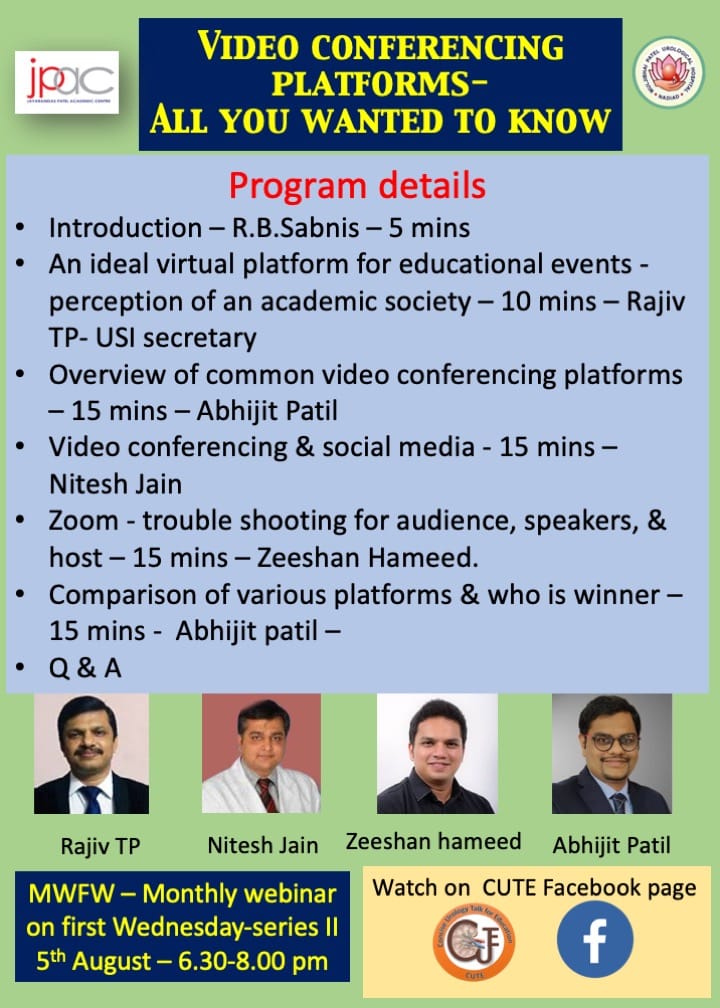 Dr Abhijit Patil (@abhijiturology) on Twitter photo Which video conferencing app??
An unusual webinar for a change.
<a href="/docmeetings/">@DocMeetings - Urology</a> <a href="/usisecretary/">USI Office</a> <a href="/iTRUEGroup/">i-TRUE</a> <a href="/YouthUSI/">YOUsi</a>
<a href="/rbsabnis/">Ravindra Sabnis</a> <a href="/UroZedman/">BM Zeeshan Hameed</a> @drniteshjain <a href="/abhisingh82/">Abhishek singh</a>
5.8.2020
6.30 pm
Watch on Facebook page #CUTE
Or YouTube link
youtu.be/4uT9FBfMKrE Which video conferencing app??
An unusual webinar for a change.
<a href="/docmeetings/">@DocMeetings - Urology</a> <a href="/usisecretary/">USI Office</a> <a href="/iTRUEGroup/">i-TRUE</a> <a href="/YouthUSI/">YOUsi</a>
<a href="/rbsabnis/">Ravindra Sabnis</a> <a href="/UroZedman/">BM Zeeshan Hameed</a> @drniteshjain <a href="/abhisingh82/">Abhishek singh</a>
5.8.2020
6.30 pm
Watch on Facebook page #CUTE
Or YouTube link
youtu.be/4uT9FBfMKrE