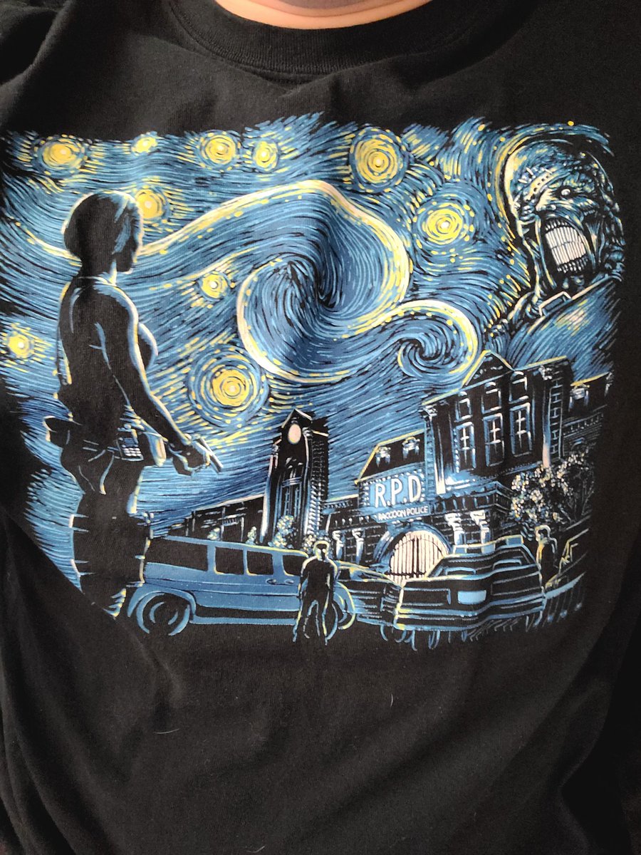 PURITALIANBLOOD's tweet photo. I love the "Starry Evil" Shirt so much, I had to get the Alt as well! I love the blue bc it's more true to Van Gogh's Starry Night, but red is my actual favorite color. So, both! #RedObsessed. #REBHFun #ResidentEvil3 #ResidentEvil3Remake #JillValentine #Nemesis #RaccoonCity #RPD https://t.co/55ngFkWRam