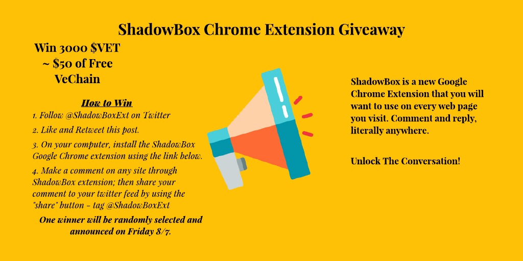 ShadowBoxExt's tweet image. It&apos;s giveaway time! Who wants to win some free $VET approximately $50 of #VeChain? I&apos;m sure the #VeFam does. Follow the rules - Winner announced Friday! #ShadowBox #Reddit #UnlockTheConversation #ChromeExtension $VTHO chrome.google.com/webstore/detai…