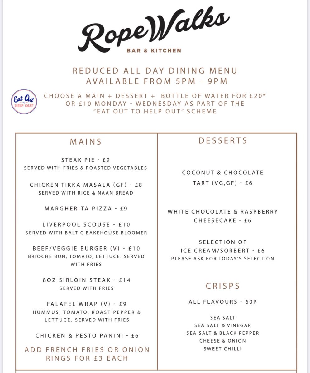 Enjoy a main, dessert and a bottle of water for just £10 on Monday - Wednesday as part of the “Eat Out To Help Out” scheme here this August at Ropewalks. Book your table today via our website today to take advantage of this amazing offer! 👍 ropewalksbarandkitchen.com #liverpool