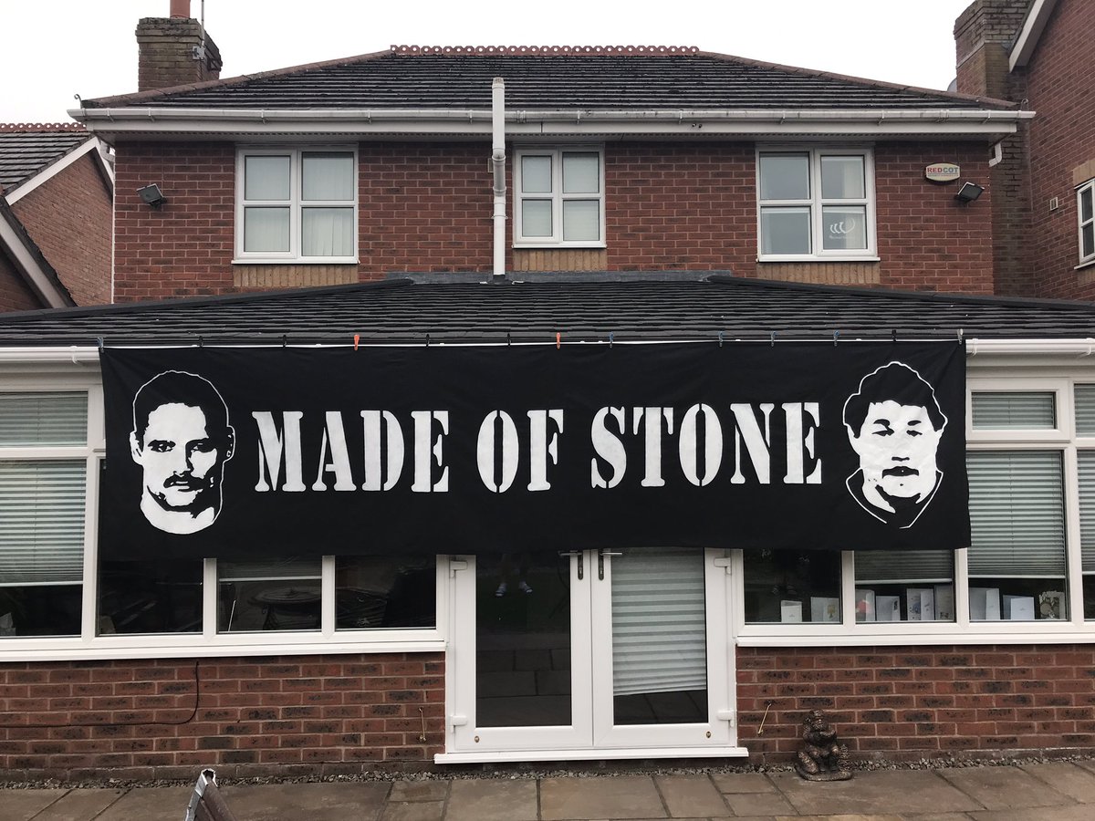 NWCFanatics's tweet photo. A new 5m Stone Roses inspired banner for two Kiwi captains of Widnes RLFC. I’m sure everyone will agree these two gave their all for the club during their careers! #MADEOFSTONE (see below for some footage of how it was made) https://t.co/WDvTGI4FKo