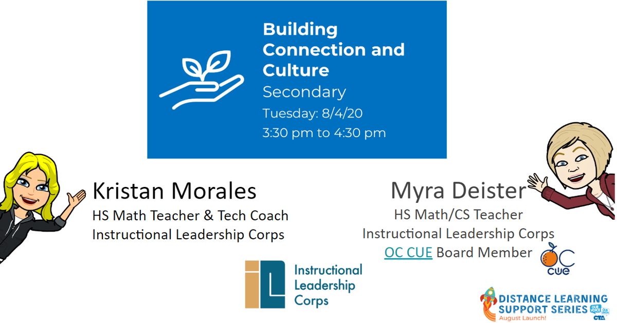 ctaIPD's tweet photo. How can educators build connection and culture in the context of distance learning? Day two of the @WeAreCTA Distance learning Support Series with @teachtech77 (Elementary) and @shhsMath @KristanMorales1 (Secondary). Hope to see you there! https://t.co/r1sHZC28g0 #teacherdriven https://t.co/8lkOcBIDpl