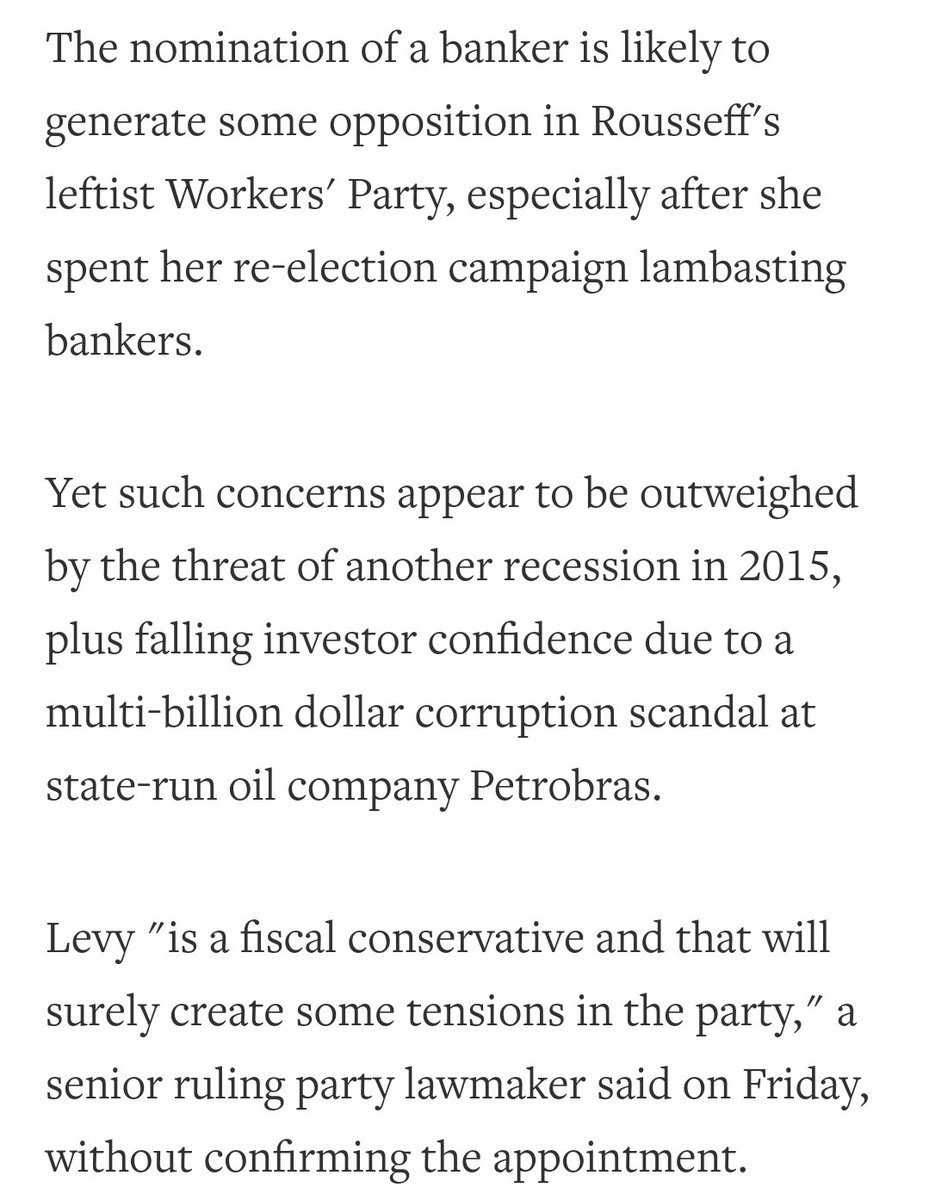 The best example of the PT duplicity is Lula and Dilma bringing in the good folks from Chicago to run Brazil's treasury.  https://www.reuters.com/article/uk-brazil-rousseff-levy-idUKKCN0J523Q20141121