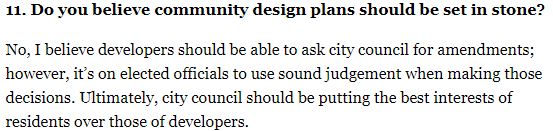 Another disappointing response from  @catherinekitts: she dsnt think community design plans should have legal weight.These are plans collectively decided upon by communities. As a result of these not having any weight, developers hve been able to get away w/ almost anything 3/5