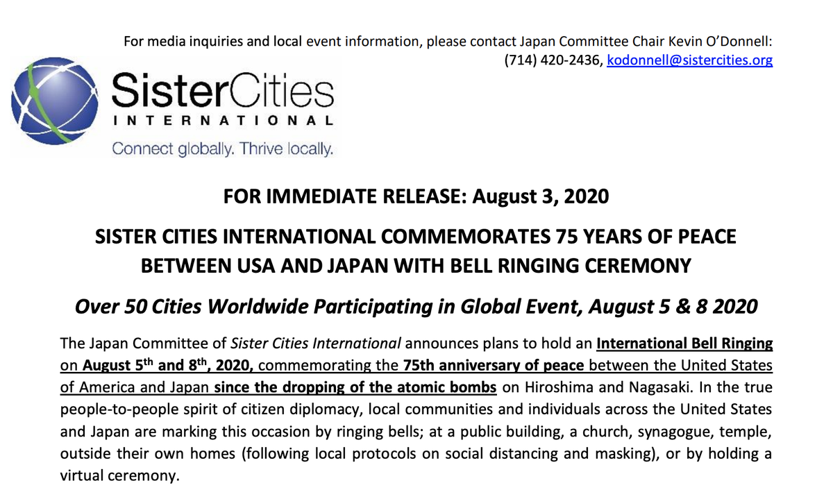 SisterCitiesInt's tweet photo. Just a few days remain until the U.S.-Japan Bell Ringing Project on August 5th + 8th! We have 50+ cities participating across the U.S. and Japan. See our press release on the webpage, to distribute to your communities and media outlets.  Find it here: https://t.co/wOnpJgxtPF https://t.co/gqkFoyHxeC