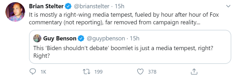 Lol Darcy and Stelter are such a joke. I count more than ten Democratic or liberal sources who have questioned whether Biden should debate or called for the debate to be cancelled.THREAD