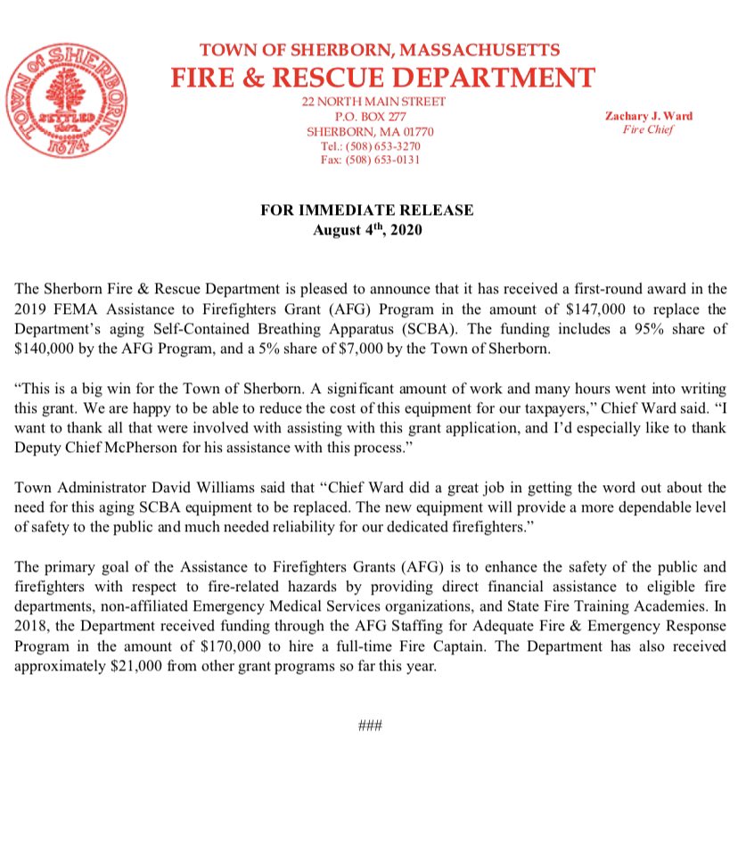 SHERBORN FD AWARDED $147,000 FROM AFG GRANT

We are excited to announce that we received a 1st-round award from the FEMA AFG program in the amount of $147,000. This grant will replace our again SCBA equipment. Please read the statement below for additional information.