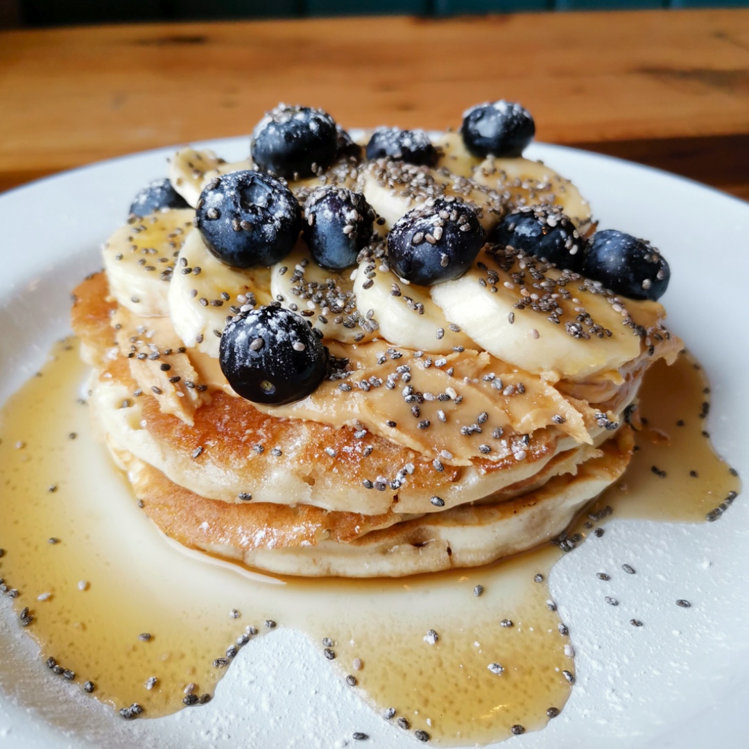 Blueberry, Banana, Maple Syrup, Chia Seed &amp; Almond Pancakes.
.
We’re taking part in ‘Eat Out to Help Out’! On Tuesdays and Wednesdays in August you’ll receive 50% off food &amp; soft drink (up to a maximum of £10 discount per person) 
.
#kelseyhouse #beckenham #pancakes #brunch