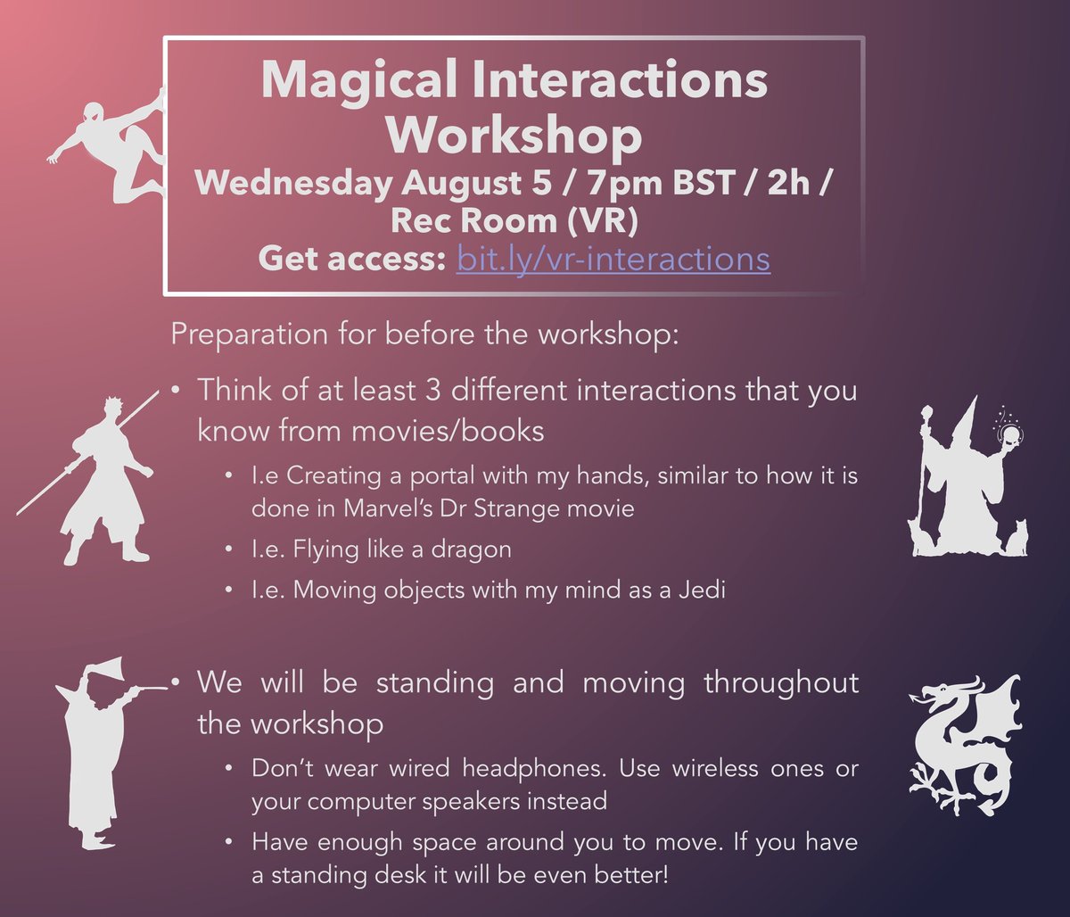 A quick update that the Magical Interactions workshop has been reschedule for tomorrow at 7pm BST (8pm CET). We wait you there! 

Get access: bit.ly/vr-interactions