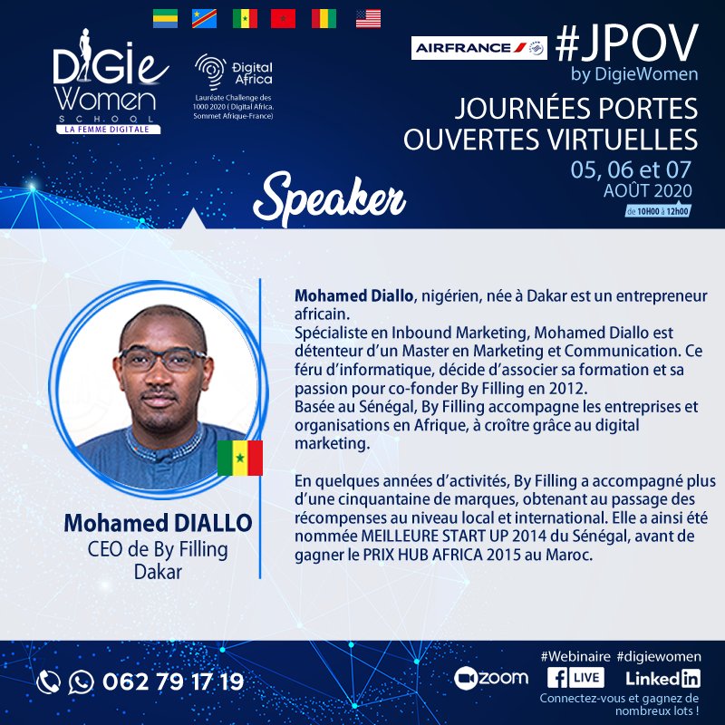 Retrouvez Mohamed DIALLO, CEO de By Filling aux journées portes ouvertes virtuelles By Digiewomen School. Thématique : l’Afrique, le Digital et la crise mondiale de la COVID-19.

Pour plus d'informations : bit.ly/2BVqNdM 

#WomenInvest  #JPOV #DigieWomenSchool #Yesso