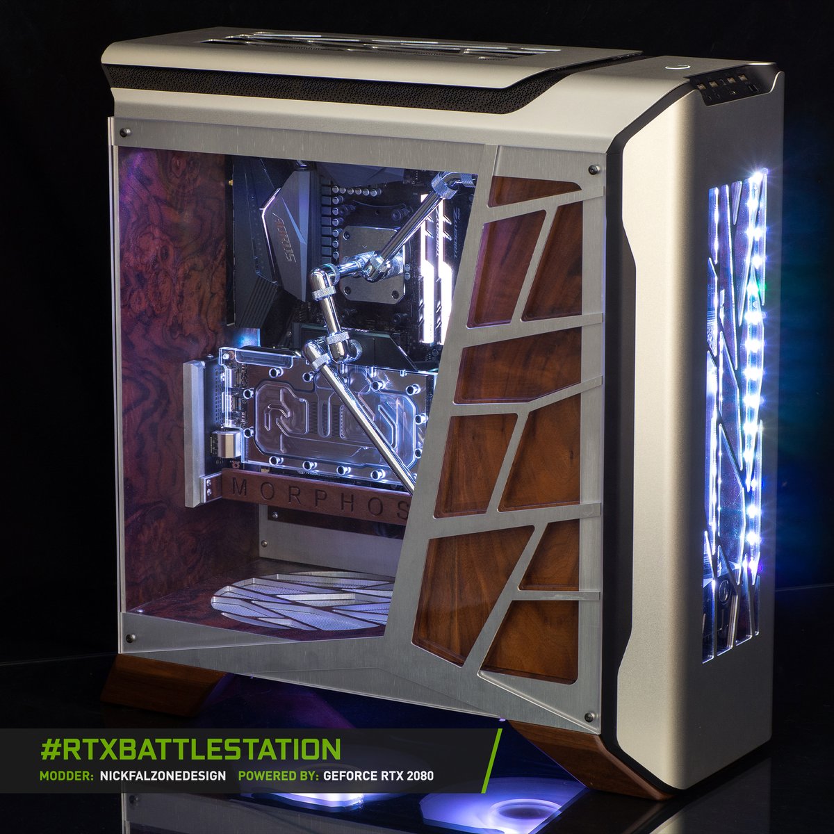 NVIDIAGeForce's tweet photo. Meet MORPHOSIS 🪵🌿

This #RTXBattlestation from /u/NickFalzoneDesign was inspired by the organic architecture of Zaha Hadid Architects. https://t.co/pNWDvAAWao