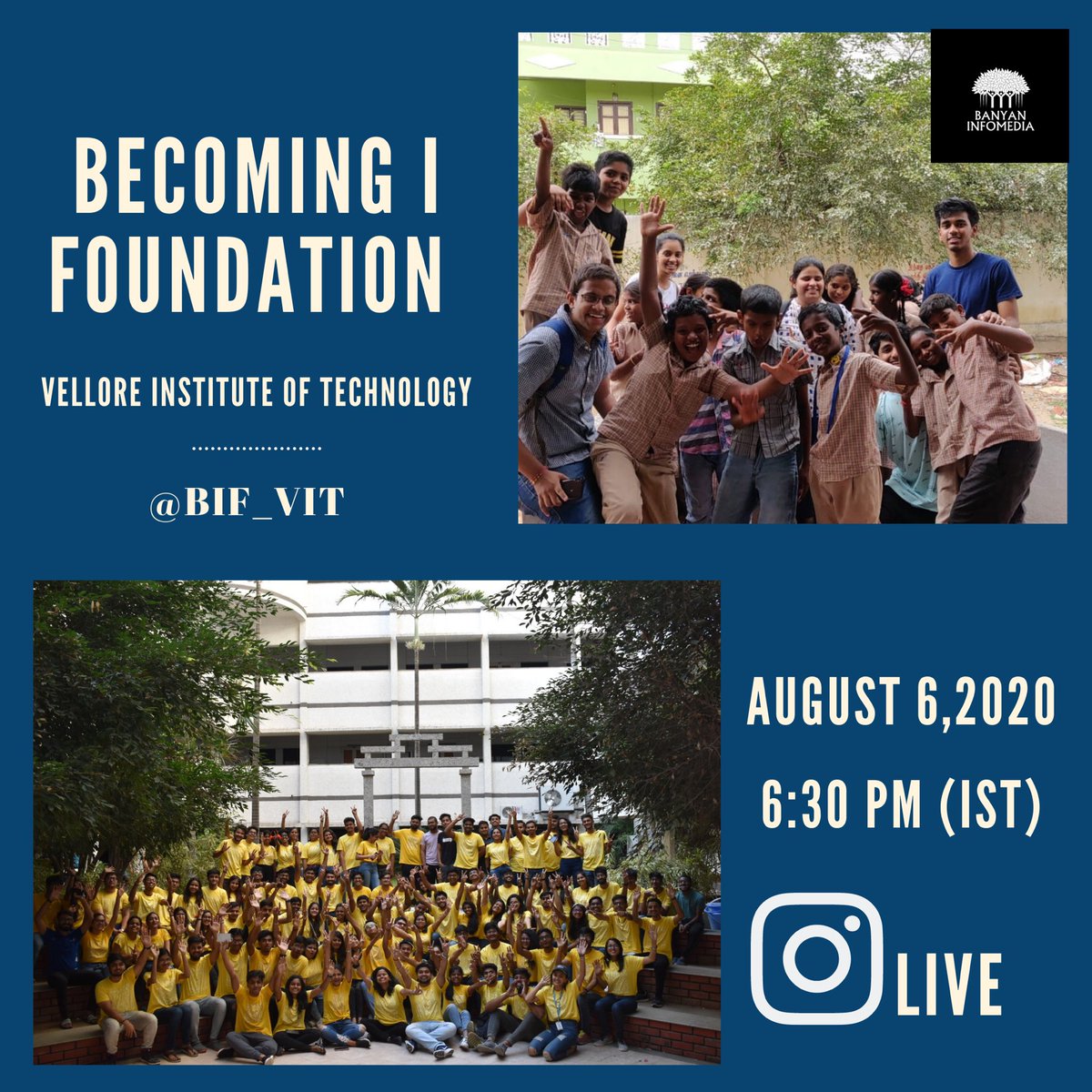 BanyanDigitalin's tweet photo. Mark your calendars now!!
FOLLOW US ON INSTAGRAM @banyan_infomedia !!
#Instagram live with Becoming I Foundation at Vellore Institute of Technology! #vit #educationforall #ngo #india #vellore #children #educatingcommunities #uplift #teambanyan #contentsolutions https://t.co/9hcJttQaE9