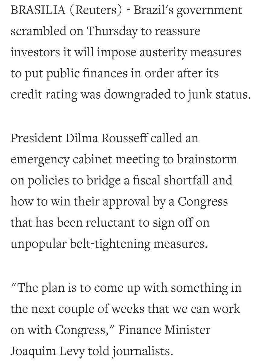 Sure enough, international capital makes its move downgrading Brazil's credit rating and 'forcing' Dilma to implement further rounds of public sector cuts. The base is further alienated and gives less of a f*ck than ever. https://www.reuters.com/article/us-brazil-ratings-economy/brazil-downgrade-leaves-little-choice-but-austerity-for-rousseff-idUSKCN0RA29G20150910