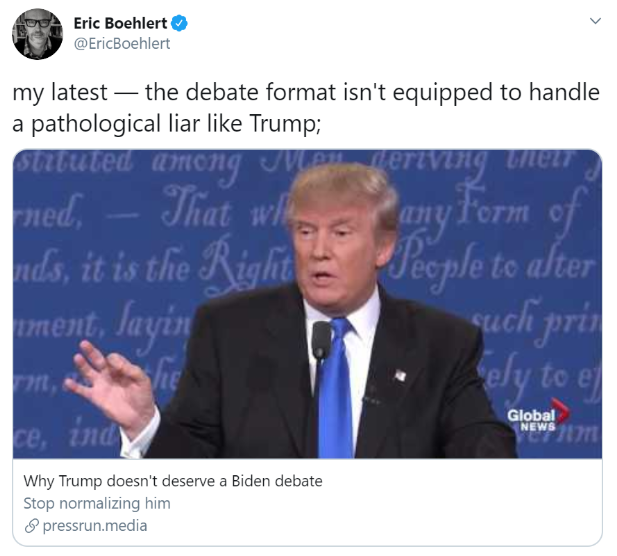 Former MMFA staffer Eric Boehlert: “Why Trump doesn’t deserve a Biden debate” 5/