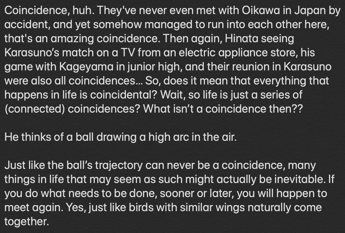 i feel like this is a beautiful callback to haikyuu as a whole, especially now that the manga is over Q_Q connections are so important in life, and i'm so happy they're given so much detailed, diverse, dedicated attention in my favorite manga, it's giving me Feelings....