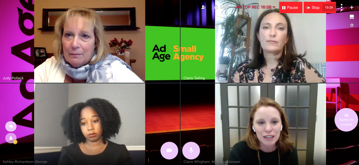 In our panel "Talent amid the pandemic," Ashley Richardson-George, head of digital <a href="/circusmaximus/">Circus Maximus</a>, Claire Telling, CEO of Grace Blue North American and Claire Whigham, CCO <a href="/mcgarrahjessee/">mcgarrahjessee</a>, discuss how small agencies have adapted during the pandemic. #AdAgeSmallAgency