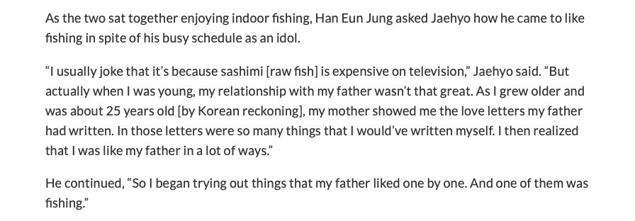 + It is known that Jaehyo loves fishing, but a lot of people don’t know the sweet story behind this passionJaehyo tried fishing (along with other things) because its something his father loved, and he enjoyed it ^^ https://www.soompi.com/article/1143407wpp/block-bs-jaehyo-shares-touching-story-father-influenced-love-fishing