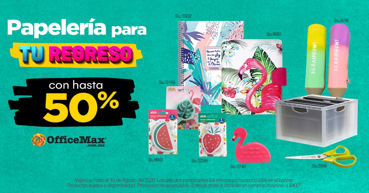 ¿Aún no has comprado útiles escolares para tu #HomeSchool? Disfruta hasta un 50% de descuento en artículos de papelería.
#TuRegreso #MarcaLaDiferencia
Compra en https://t.co/ZNJNjNO8Lu o vía 800 9999 MAX (629)
*Vigencia hasta el 10 de agosto del 2020. Consulta restricciones. https://t.co/oxsI0YNgyl