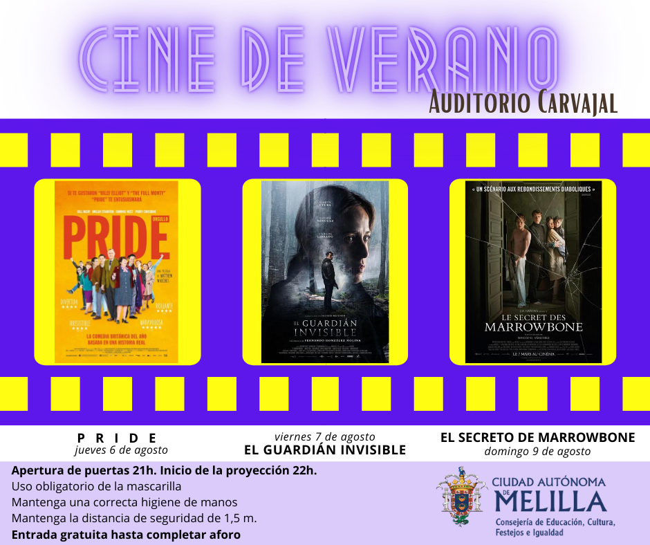 Cultura Melilla (@cultura_melilla) on Twitter photo Este fin de semana se inicia el #CinedeVerano en #Melilla, con la proyección de 'Pride', 'El Guardián Invisible' y 'El Secreto de Marrowbone'.
En el Auditorio Carvajal, jueves, viernes y domingo, a las 22h., con todas las medidas higiénico-sanitarias.
#cine #verano
<a href="/l_circe/">Elena Fernández Treviño</a> Este fin de semana se inicia el #CinedeVerano en #Melilla, con la proyección de 'Pride', 'El Guardián Invisible' y 'El Secreto de Marrowbone'.
En el Auditorio Carvajal, jueves, viernes y domingo, a las 22h., con todas las medidas higiénico-sanitarias.
#cine #verano
<a href="/l_circe/">Elena Fernández Treviño</a>