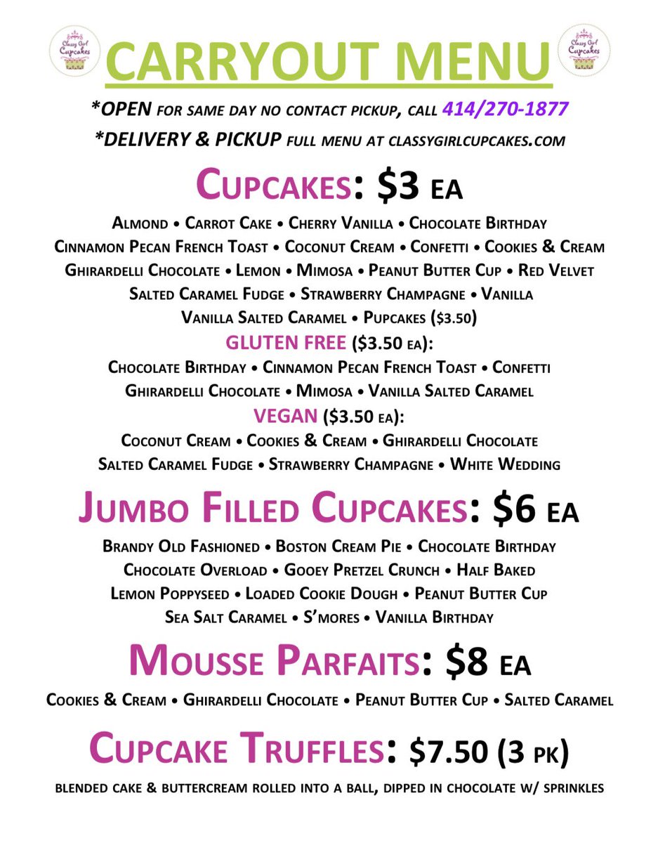 CGCupcakesMKE's tweet image. 🍋🍒August Carryout Menu🥥🥕
#cupcakestogo #carryoutmenu 
#cupcake #cupcakes #bakery #milwaukee #mke #classygirlcupcakes