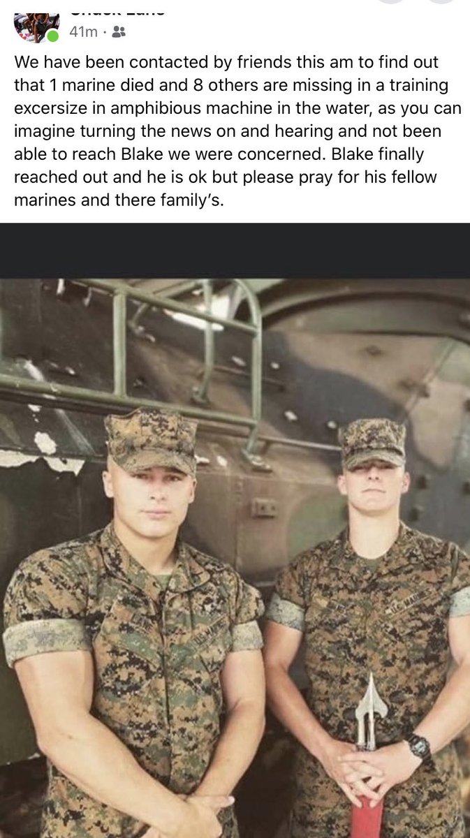 olivia11lanr's tweet photo. my brother was apart of the training exercise that day but in an AAV that made it back to base. Praying for these heroes in this tragic accident and there families https://t.co/Rtq6lYXS5z