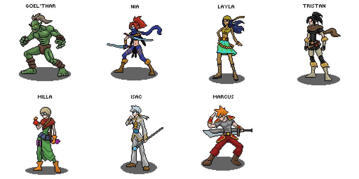 JorinDesign's tweet photo. All playable character sprites so far. Still need polishing before animating begins. And before I begin animating I'm going to draw a high quality poster with all the characters. #ProjectRisenPath #pixelart #gamedev #pixelcharacters https://t.co/XfAMAUMdAt