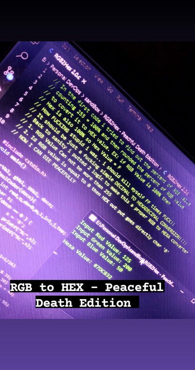 xSomoy's tweet photo. In the first code i tried to find out the percent of RGB value counting 255 = 100% and then rounded the percent of RGB Value to covert it to HEX value. EX: if RGB Value is 100% then Hex is also 100% so HexValue = F
#c #coder #stupidDevloper #stupidCoder #death #developers #DevOps https://t.co/KiKYNm48p6