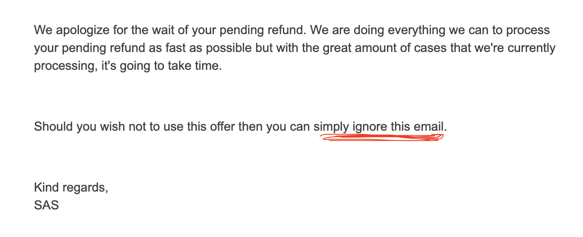 ProfPHansen's tweet photo. Hi @SAS
I already declined your voucher offer when my flight was cancelled.
I already *ignored* your previous email with the exact same voucher offer.

Hint! I prefer the refund (and I don't need another voucher offer next week). https://t.co/a3h7yumO0a