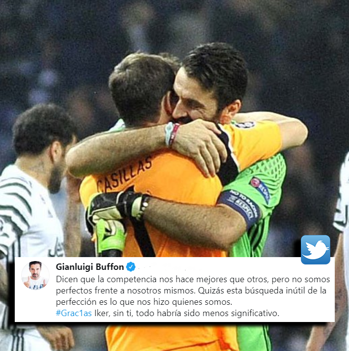 SC_ESPN's tweet photo. De un fenómeno a otro: Gigi Buffon le dedicó estas palabras a Iker Casillas luego de que el español le pusiera punto final a su carrera como profesional. 👏 https://t.co/6NaSUYRxpf