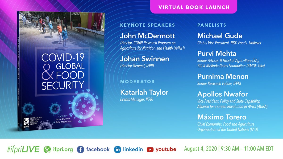  #HappeningNow:  #IFPRIBookLaunch, " #COVID19 & Global Food Security #ifpriLIVE http://bit.ly/IFPRICovidBookLaunch http://bit.ly/IFPRILiveFBGroup http://bit.ly/ifpriYT  http://bit.ly/ifpriLI  #foodsecurity  #poverty  #livelihoods  #nutrition  #gender  #employment  #supplychains