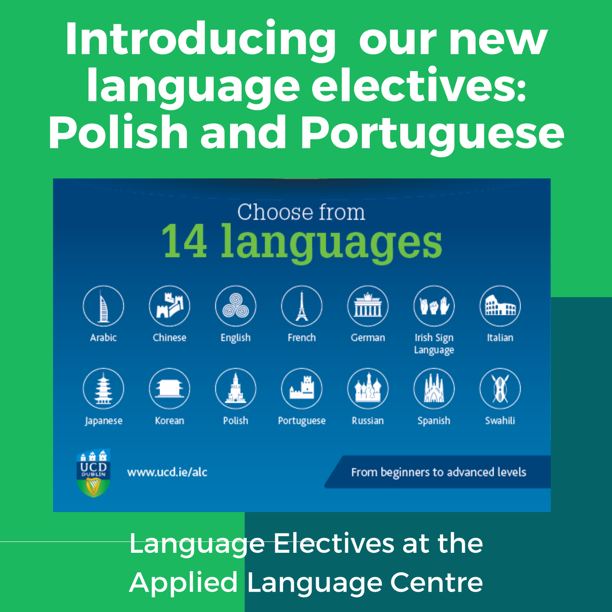 We are happy to announce that we have now added Portuguese and Polish to our list of language elective modules. They are available to all undergraduate students for 5 credits each. #languages #learnlanguages #LanguageLearning <a href="/ucd_global/">UCD Global</a> <a href="/ucdgaeltacht/">Gaeltacht UCD, University College Dublin</a> <a href="/ucdictionary/">The UCDictionary</a> #ucd #myucd