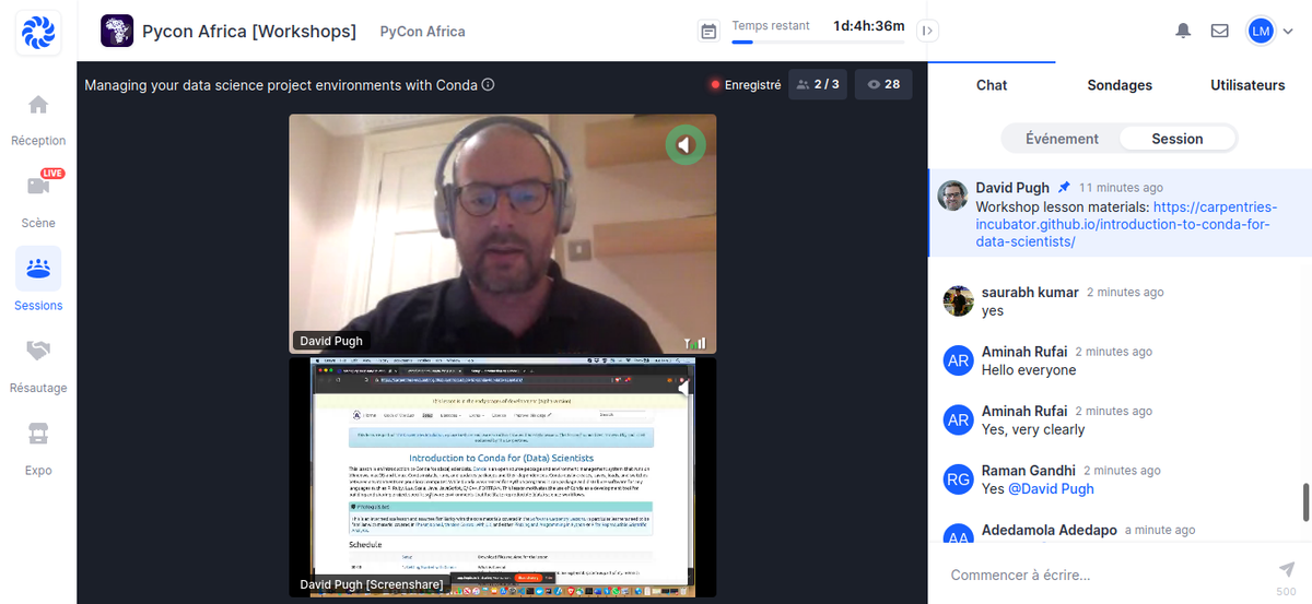 PythonCameroun's tweet image. The second Workshop :&quot;Managing your data sciences projection environnements with conda&quot; by David Pugh  ( @TheSandyCoder ). With #PyConAfrica20  we are so  #PyExciting in #Python  #Cameroon #Community #pycm