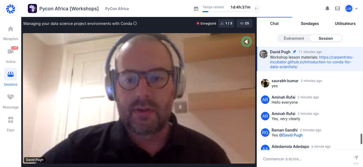 PythonCameroun's tweet image. The second Workshop :&quot;Managing your data sciences projection environnements with conda&quot; by David Pugh  ( @TheSandyCoder ). With #PyConAfrica20  we are so  #PyExciting in #Python  #Cameroon #Community #pycm