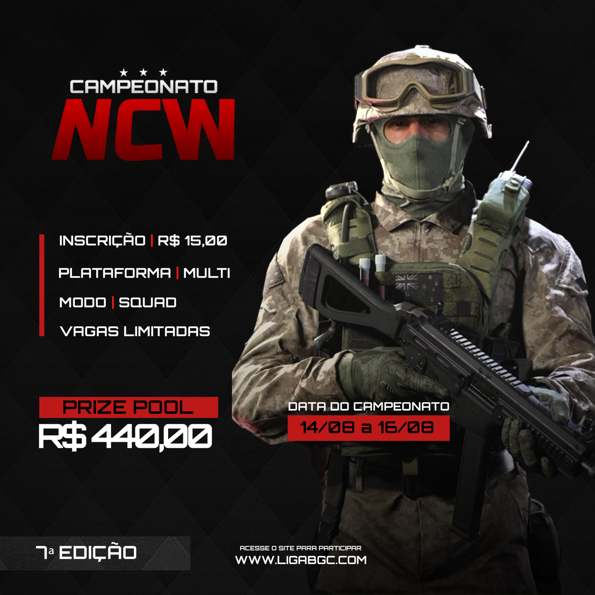 LigaBgc's tweet photo. 7ª EDIÇÃO - CAMPEONATO NCW

Senhoras e senhores, está oficialmente aberta as inscrições para a Sétima Edição do campeonato NCW de Warzone!

O campeonato contará com R$440,00 de Prizepool!

Inscrições em https://t.co/wrV6EcIQa7

Torne-se um campeão!!! ❤🏆🔥 https://t.co/Xjlry7Tj0i