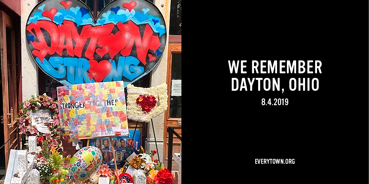 Everytown's tweet photo. One year ago, nine people were shot and killed at a bar in Dayton, Ohio. 27 others were injured. Today, we hold the victims, survivors, and members of the Dayton community in our hearts, as we continue working towards a world free from gun violence. https://t.co/PEsbEyibpF