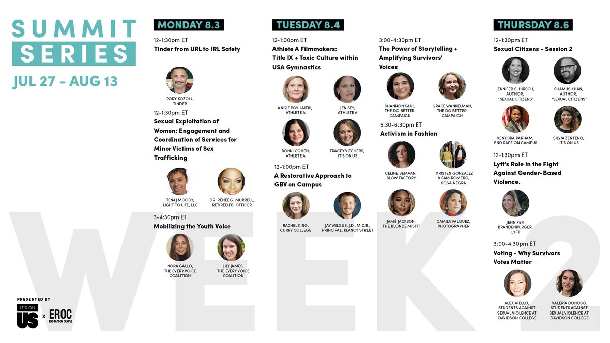 EndRapeOnCampus's tweet photo. Today's lineup of #SummitSeries w/ @ItsOnUs is:

12-1pm, ET: 
➡️1-Hour Panel Discussion: Athlete A (Netflix doc)
➡️A Restorative Approach to Campus GBV

3-4:30pm, ET: 
➡️The Power of Storytelling + Survivors' Voices
➡️Activism in Fashion (FB/YT Live)

https://t.co/6Qxk2fh2qO https://t.co/mjc8P1sHMw